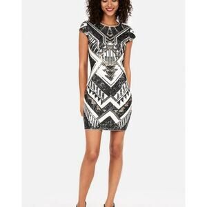 EXPRESS Women Deco Sequin Aztec Black Gold Cap Sleeve Cotton Sheath Dress Small